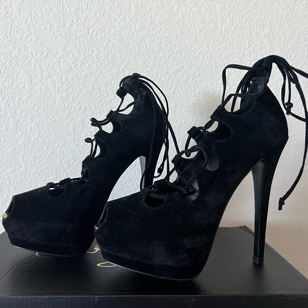 Colin Stuart Lace Up Peep-toe Heels
